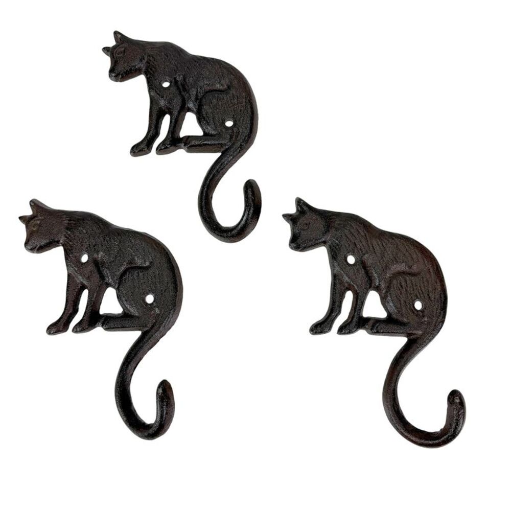Set of 3 Cast Iron Cat Wall Hooks Aged Brown Rustic 6.5 in Decorative